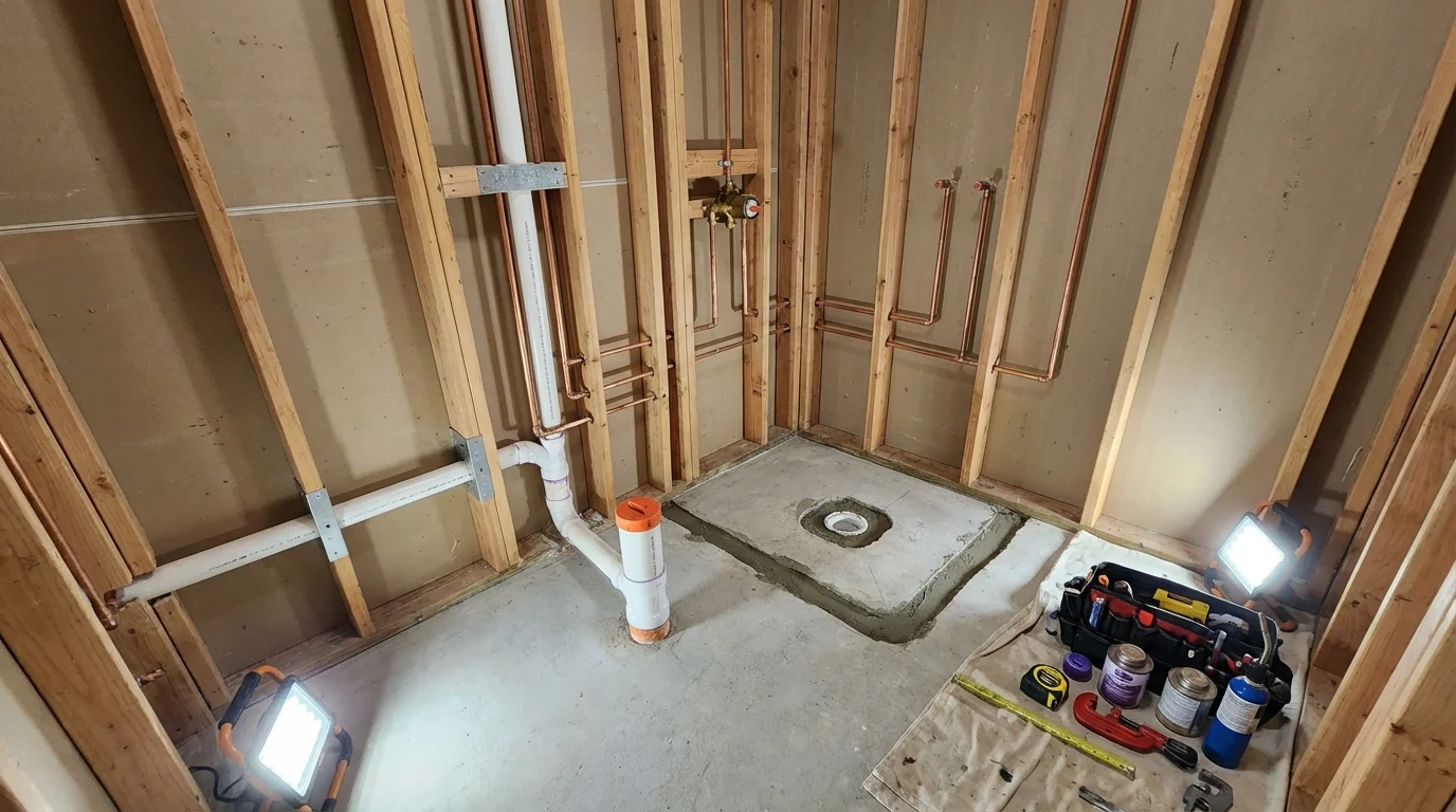 Bathroom rough-in plumbing during remodel by Johns Plumbing LLC in Danielson