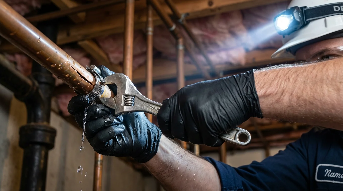 Emergency pipe clamp repair being performed by a Johns Plumbing LLC plumber in Danielson