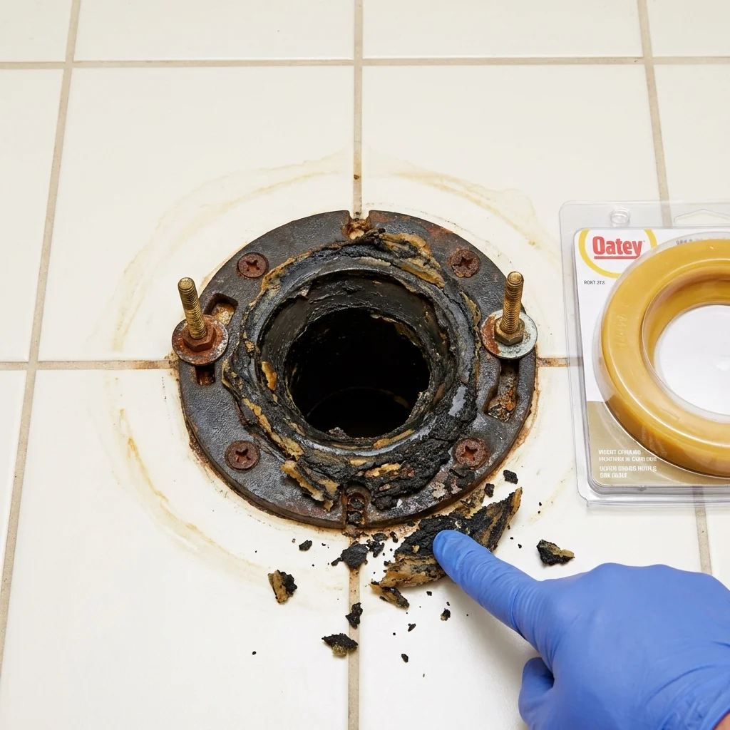 Failed wax ring showing water seepage at the base of a toilet in a Danielson, CT home