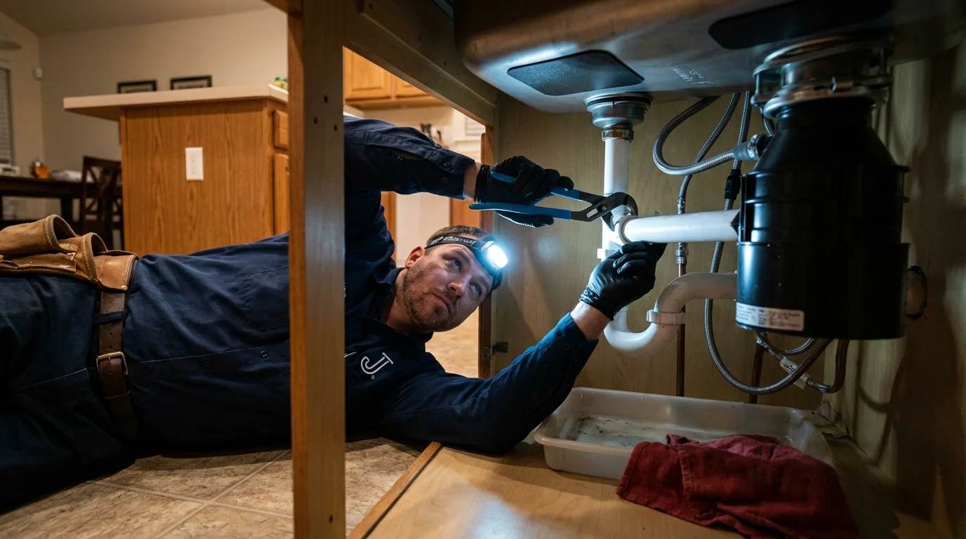 P-trap and supply line connections under a kitchen sink showing a common leak point in Danielson, CT